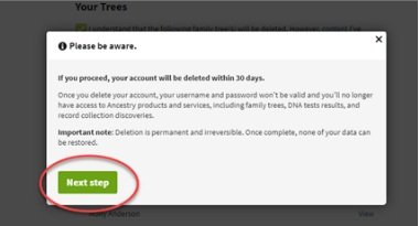 confirmation of deleting ancestry accunt