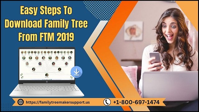 A girl with laptop telling the best tips how to download family tree from FTM 2019.